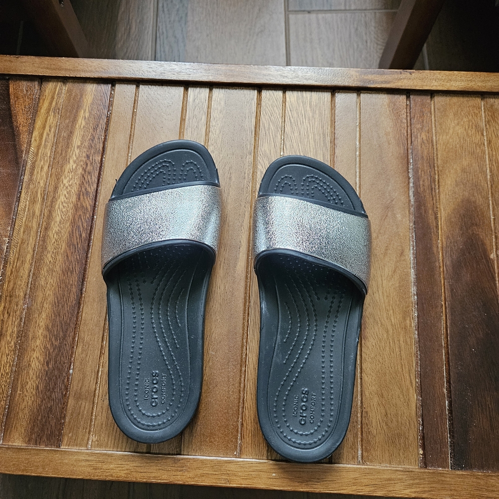 CROCS Metallic Silver and Black Slides